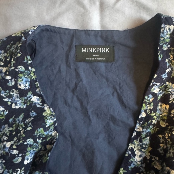 MINKPINK Navy Floral Puff Sleeve Midi/Maxi Wrap Dress Sz Small - Picture 2 of 3